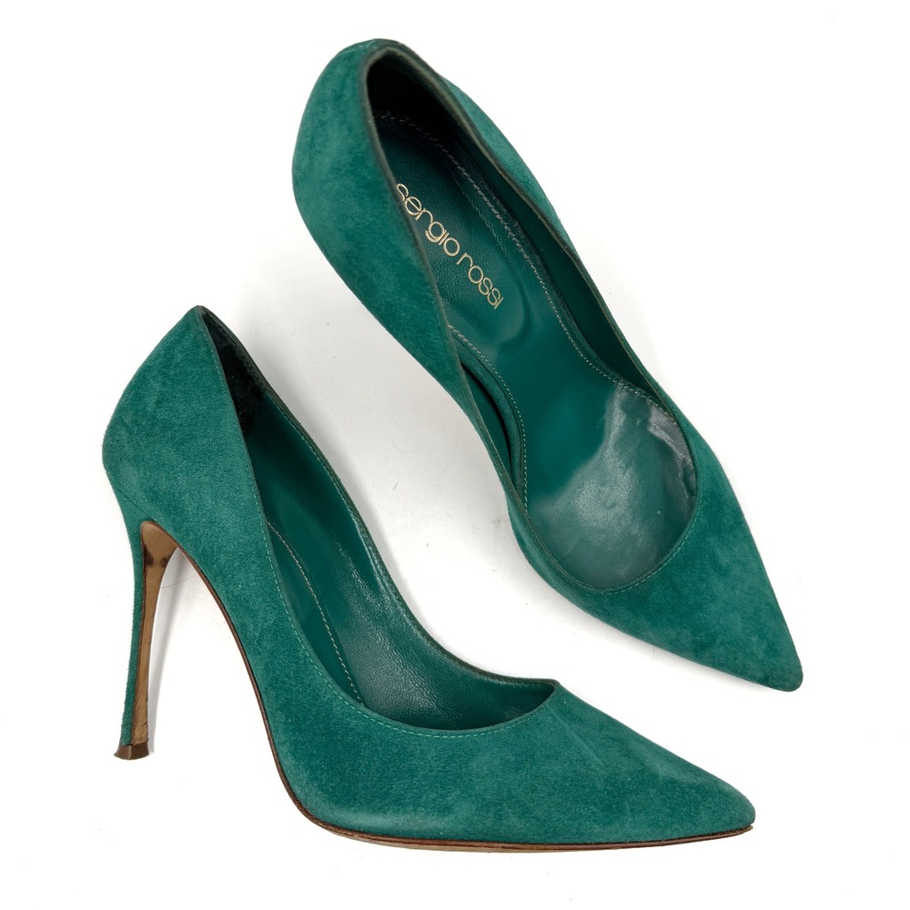 Sergio Rossi Godiva Pumps Teal Green Suede Pointed Toe Heels Women 36.5 / 6.5